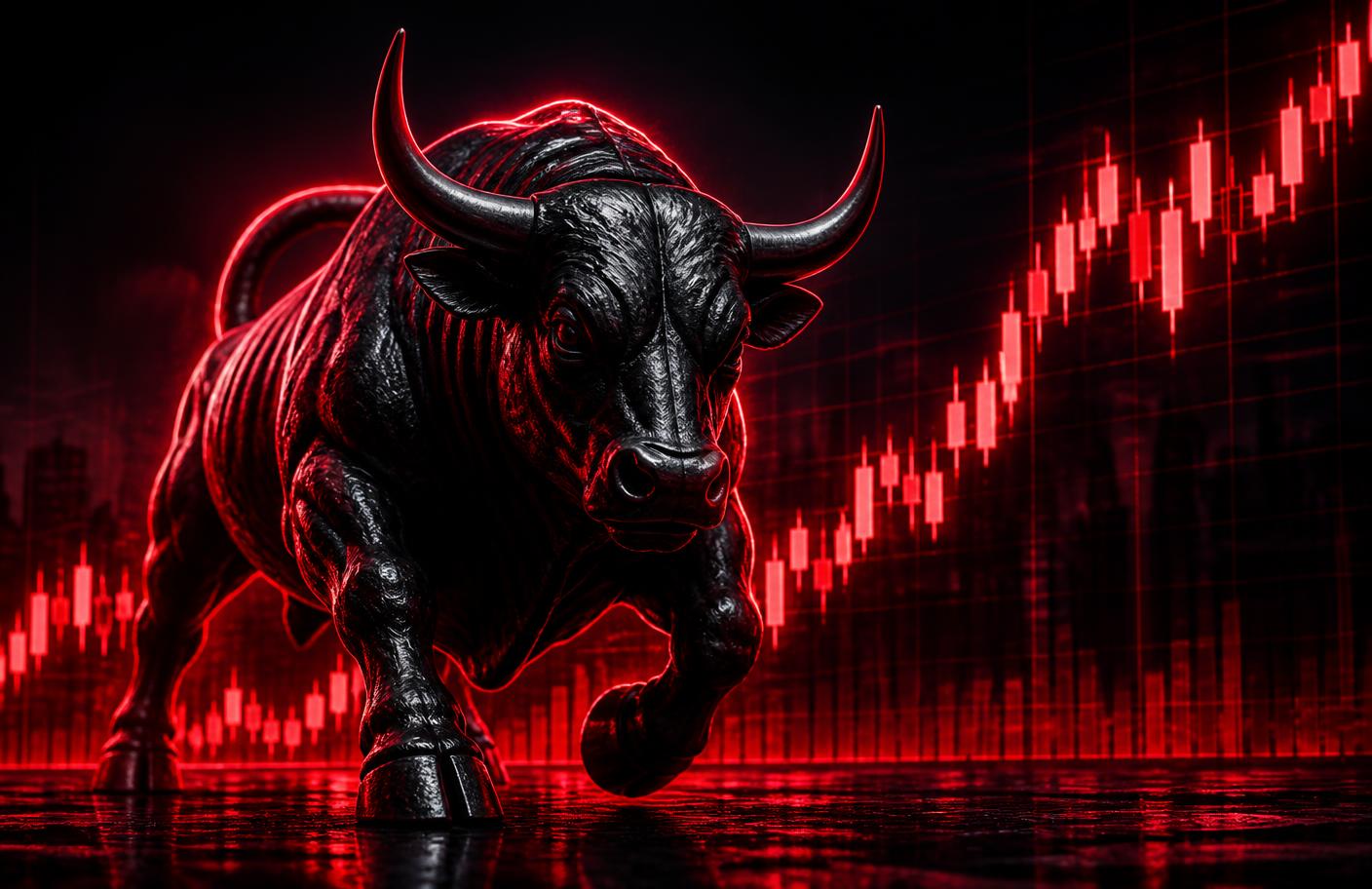 Schwarzer Bulle mit rotem Neonlicht vor Candlestick-Chart