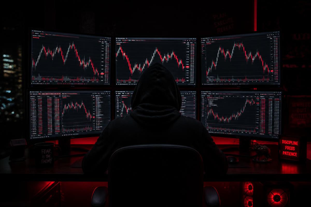 Trader vor mehreren Monitoren mit Charts